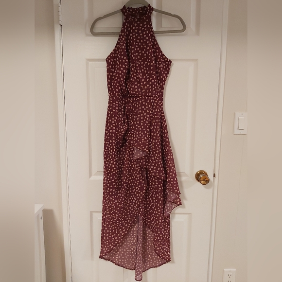 Lipsy London US4 burgandy and cream Polka Dot Midi Dress - Picture 3 of 8
